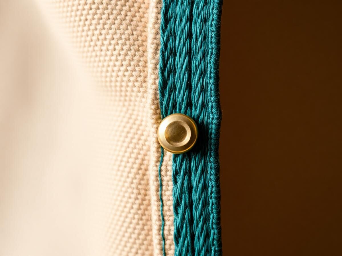 Close-up of cotton canvas with teal topstitching and a brass rivet