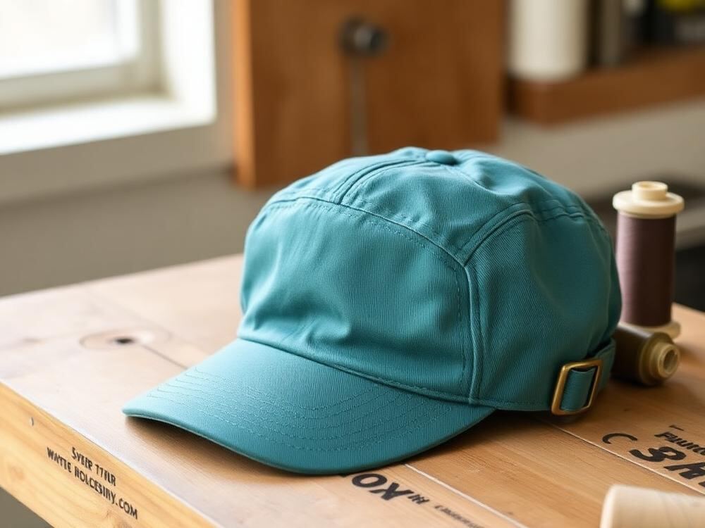 Embroidered five-panel canvas cap on a workbench
